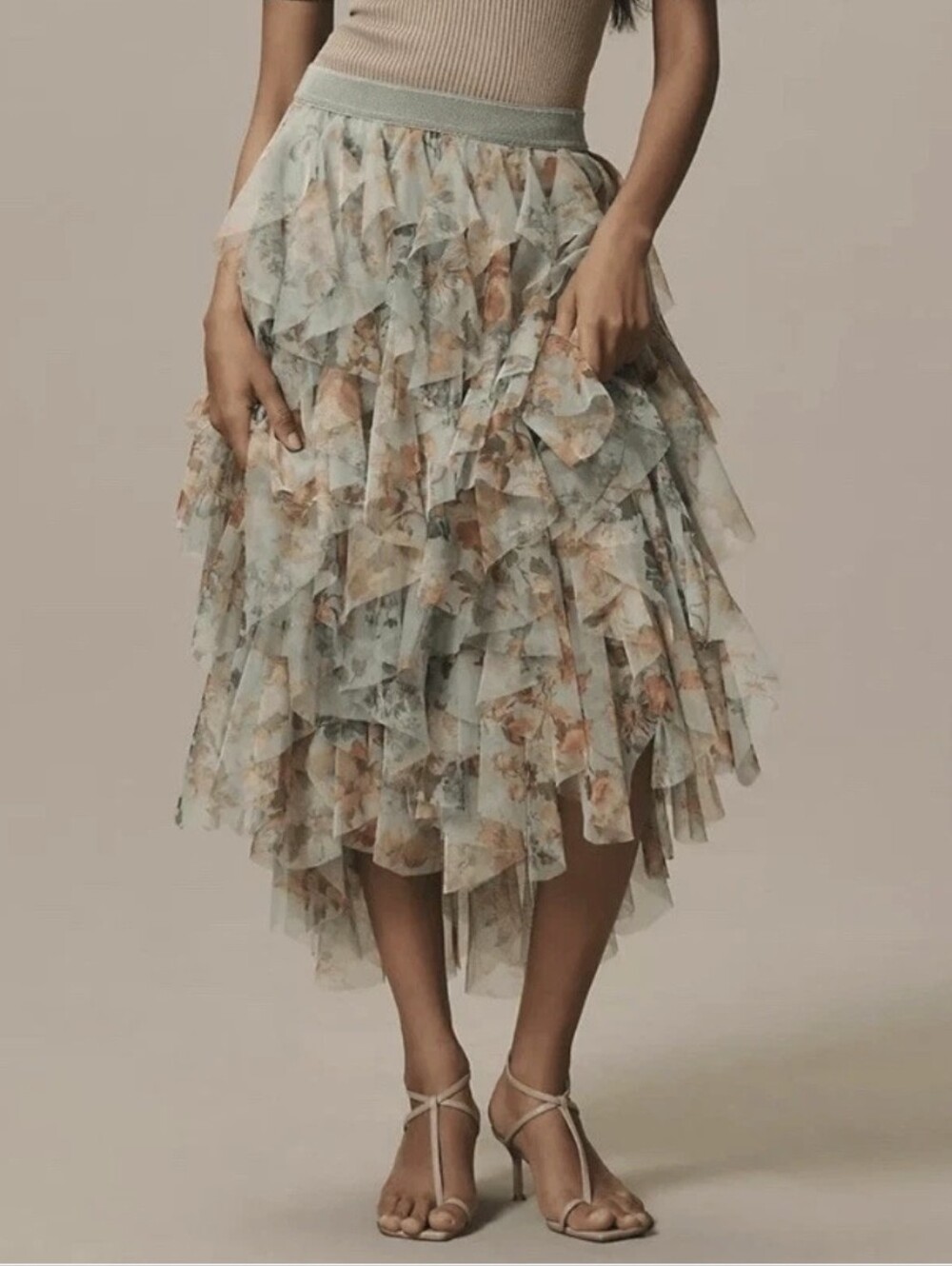 NWT Anthropologie Floral Tiered Ruffle Midi Skirt